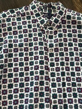 Van Heusen White Button-Down Shirt with Green & Blue Medallion Print